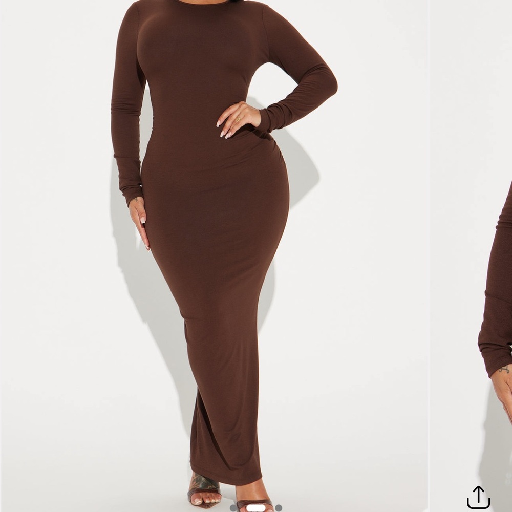 Fashion Nova Brown Long Sleeve Bodycon Midi Dress